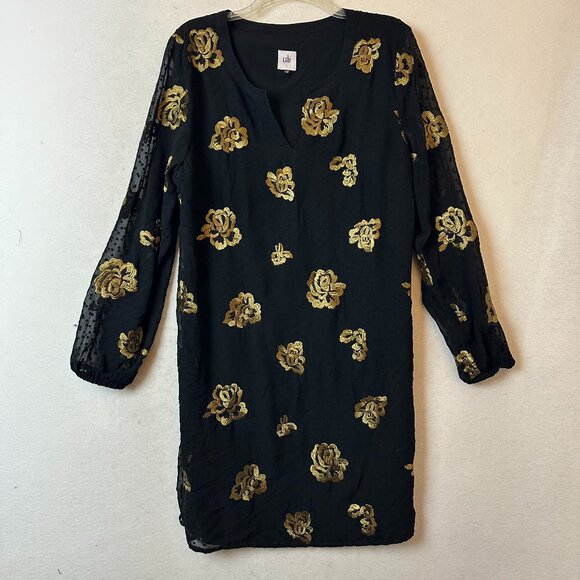 Cabi Black Gold Floral Embroidered Raised Dot Sheer Sleeve Dress Women's Large - Picture 1 of 7